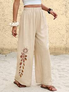 SHEIN Frenchy 女士弹力腰镂空直筒宽松休闲裤 - 杏色 - 查看 3