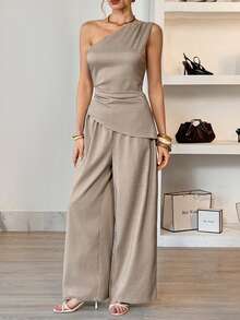 Siren Gaze 女士优雅通勤纯色单肩上衣和阔腿裤两件套，夏季 - 卡其色 - 查看 3