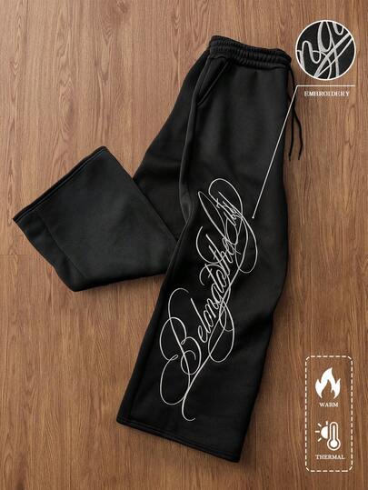 TOKVUE Pantalones de estilo callejero para hombres con bordado lateral, adecuados para festivales de música al aire libre, discotecas, regalos para novio/esposo, regalos de aniversario, pantalones de chándal casuales negros