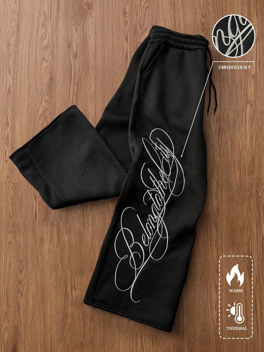 TOKVUE 男士街头风INS侧边刺绣长裤，适合户外音乐节、夜店、送给男友/老公的礼物、周年纪念礼物，黑色休闲运动裤 - 黑色 - 查看 1