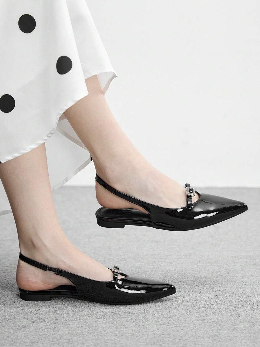 CUCCOO BIZCHIC 女士黑色漆皮尖头无后跟绑带舒适简约水钻装饰通勤鞋 - 黑色 - 查看 1