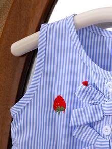 2pcs Baby Girls' Blue & White Striped Sleeveless Top With Embroidered Strawberry And Straight Leg Pants Set, Summer Children Countryside Cute Vacation Outfit - Blue - View 4