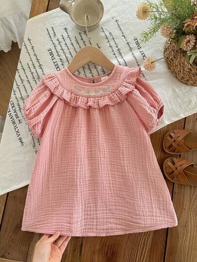 SHEIN LMoss Kids 女婴法式优雅花卉刺绣泡泡袖连衣裙