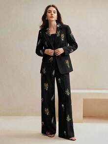 Anewsta Elegant Embroidered Black Suit Set, Fashionable Fitted Waist Casual Outfit For Women - Black - View 7