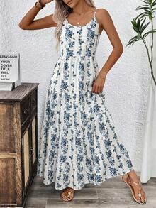 Balvessa Women's Floral Print Ruffle Hem Spaghetti Strap A-Line Dress, Vacation - Blue and White - View 4