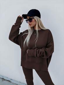 INAWLY Bộ đồ 2 món thường ngày cổ tròn trễ vai màu trơn tay dài cho nữ cỡ lớn - Cà phê nâu - Xem 7