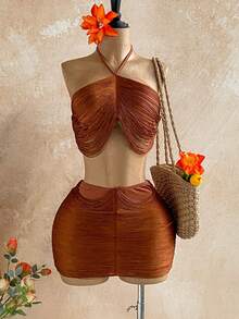 Soleia 2pcs Vacation Sexy Fringe Halter Backless Crop Top And Low Waist Skirt Set, Suitable For Music Festival, Boho, Holiday, Date, Afternoon Tea - Brown - View 1