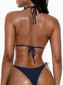 Swim Basics 1 套女士纯色性感系带比基尼，沙滩泳装 - 藏蓝色 - 查看 2
