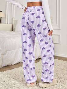 SHEIN WOMEN PLUS SIZE COTTON 2PCS FAKE DRAWSTRING DETAIL STRIPED HEART PATTERN LONG SLEEP PANTS HOMEWEAR SET - Multicolor - View 2
