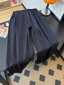 GlowEve CURVE Plus Size Women's Solid Color Cropped Pants, Lantern Pants, Elastic Waist, Loose Fit Casual Pants, Vacation Elegant Baggy Pants Navy Blue Bloomers Bow Pants Office Bow Shorts Bloomers Ruffle Shorts Shorts With Bows Ruffle Shorts - Navy Blue - View 2