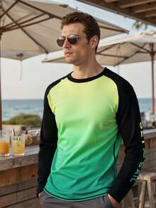 Manfinity Swimmode Men's Ombre Round Neck Long Sleeve Surfing T-Shirt, Beach Vacation Men Rash Guard Men Long Sleeve Swim Shirt Long Sleeve Surf Shirt Beach Wear For Men - Green - View 4