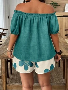 Weeklong Bộ đồ 2 mảnh dáng rộng, thoải mái, kiểu dáng nghỉ dưỡng, trễ vai, tay ngắn, viền bèo nhún, dành cho người có vóc dáng đầy đặn. - Nhiều màu - Xem 2