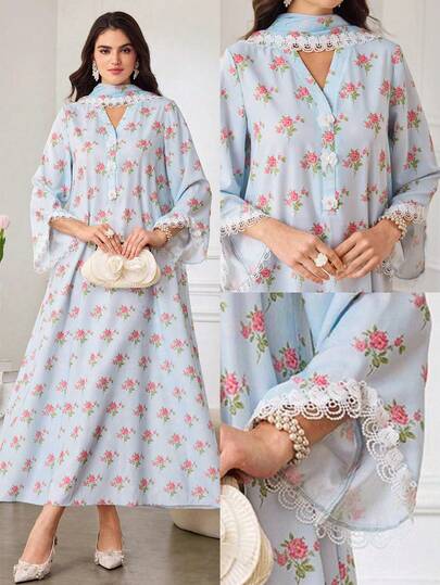 Al Najma 女士优雅浪漫浅蓝色玫瑰印花长袖连衣裙，配蕾丝边头巾