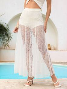 Modelyn Women's Solid Color Sheer Lace Skirt, Suitable For Beach/Vacation Lace Two Piece Set White Two Piece Set Vacation Two Piece Set Beach Two Piece Set Cream Two Piece Set Swimsuit Cover Up Skirt See Through Skirt Lace Maxi Skirt Bikini Cover Up Skirt White Skirt Cover Up - Apricot - View 1