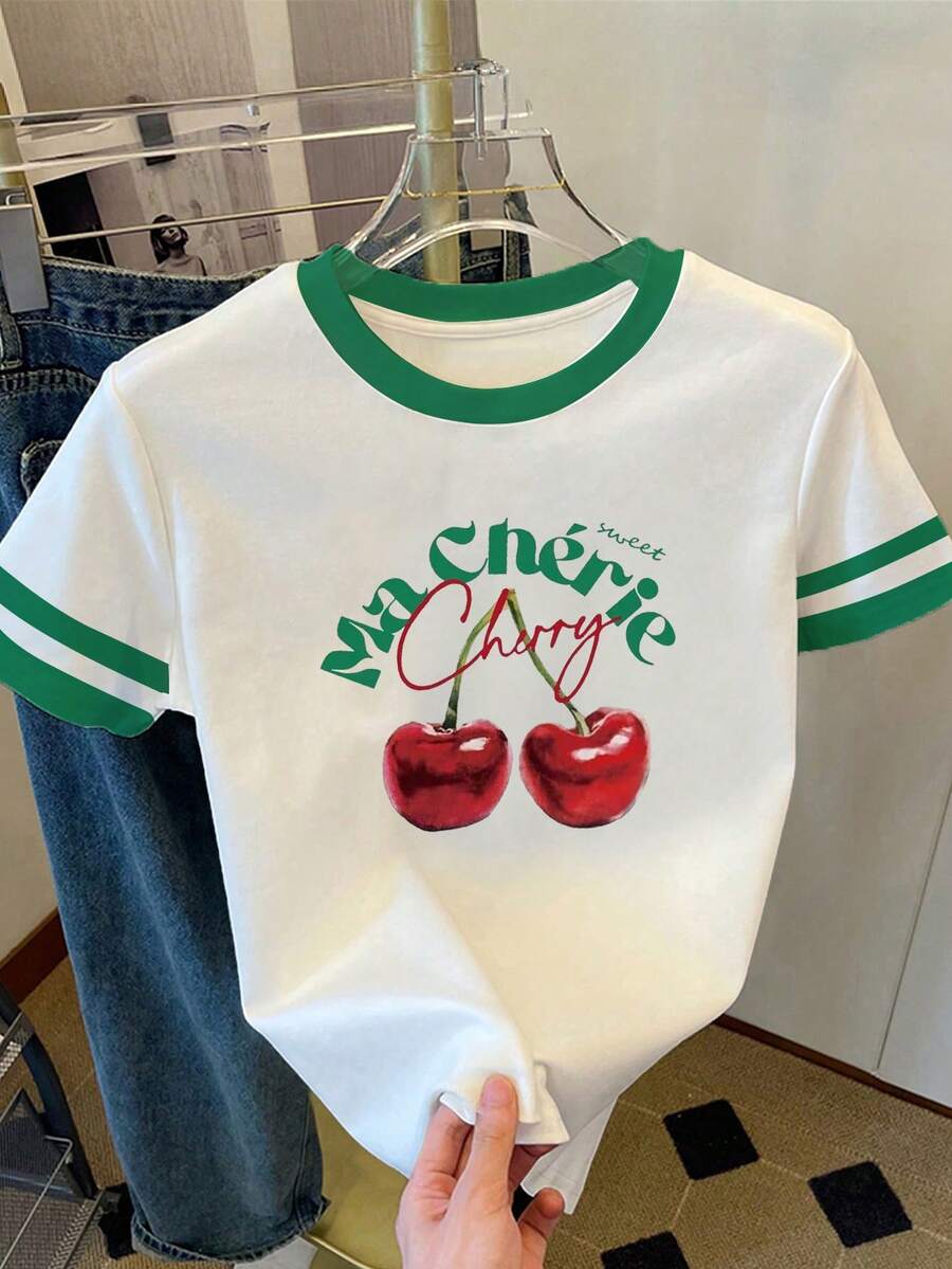 Resyla Áo thun nữ/In họa tiết quả anh đào/Áo thun thời trang/Áo nỉ thời trang đơn giản thường ngày/Áo thun cổ tròn màu tương phản rộng rãi thường ngày cho nữ/Mùa xuân và mùa hè - Nhiều màu - Xem 1