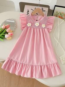 SHEIN Vintaside Kids Đầm bé gái thanh lịch, ngọt ngào, dễ thương, cổ tròn, tay ngắn, viền bèo nhún, dáng rộng, thích hợp cho kỳ nghỉ, du lịch, quà sinh nhật, mùa hè. - Hồng - Xem 3