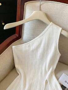 GlowEve New Arrival Spring/Summer Casual Business Textured Comfortable Wheat Jacquard One Shoulder White Slit Design Women Tank Top - White - View 3