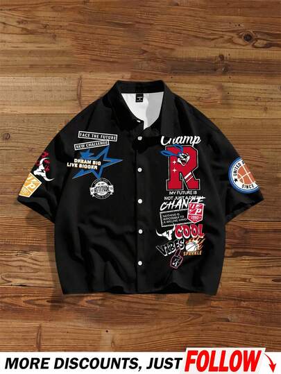 Manfinity Joysei 男士休闲标语印花短袖衬衫，夏季