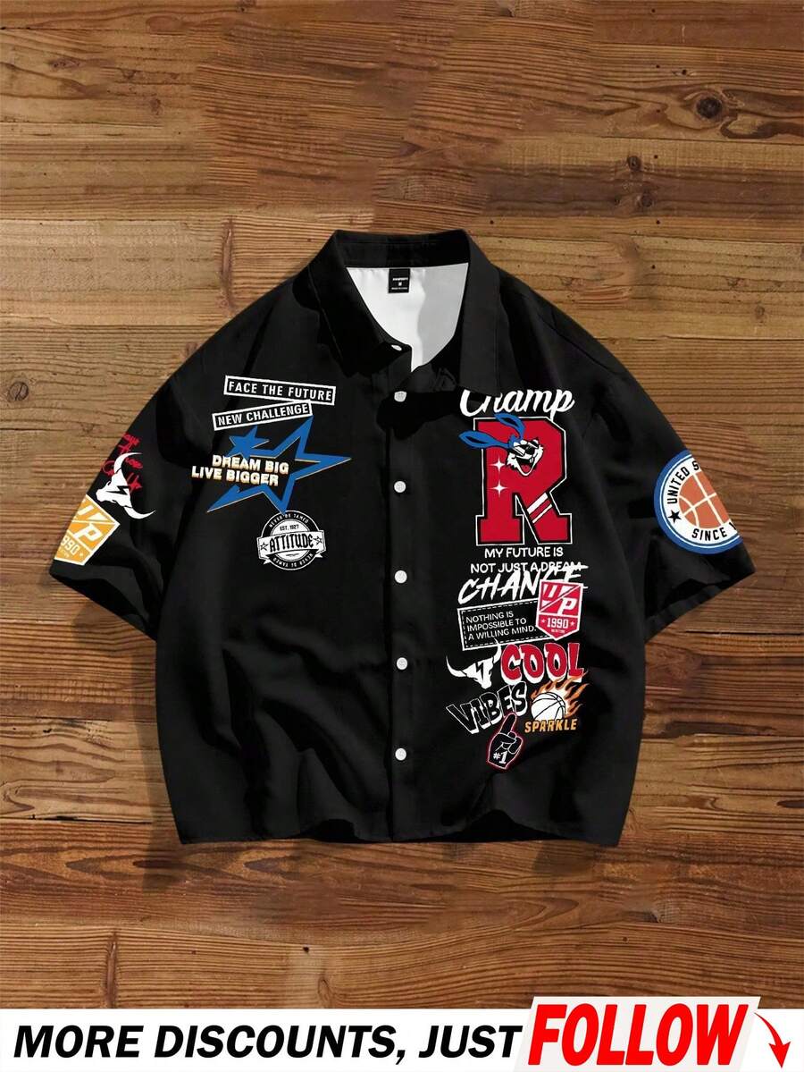 Manfinity Joysei 男士休闲标语印花短袖衬衫，夏季