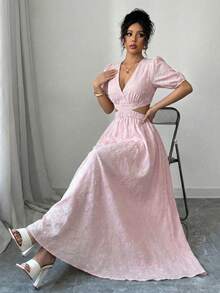 Elenzga 女士粉色花卉提花纹理V领腰部系带露背开衩连衣裙，修身显瘦的A字裙摆设计，适合生日、约会、派对、情人节、五一劳动节、复活节、正式场合、花园、旅行、休闲街头风、春夏穿着。 - 粉色 - 查看 5