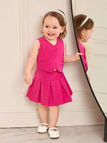 SHEIN 2 pièces Ensemble Top décontracté et jupe plissée de couleur unie pour bébé fille. Ensemble robe plissée rose pour bébé fille. Ensemble 2 pièces rose pour bébé fille - Rose vif - Voir 5