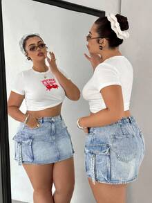 Dripcurv Plus Size Summer Casual Washed Denim Cargo Skirt - Light Wash - View 2