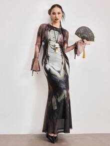 ROMWE Avant Vintage Neo-Chinese Style Buddha Print Fitted Dress - Multicolor - View 9