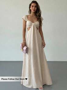 Aloruh 女士优雅波西米亚风长裙，杏色，宽领，A字裙摆设计 - 卡其色 - 查看 8