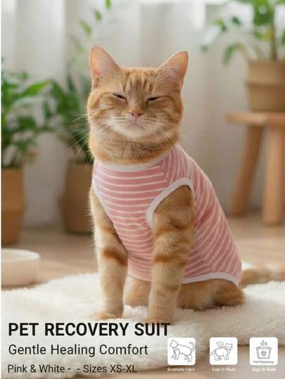 PETSIN เสื้อสเปย์และทำหมันสำหรับสุนัขและแมว สีชมพูลายขวางแบบเรียบง่ายและเป็นกันฤดู เหมาะสำหรับฤดูใบไม้ผลิ/ฤดูร้อน ทุกฤดู