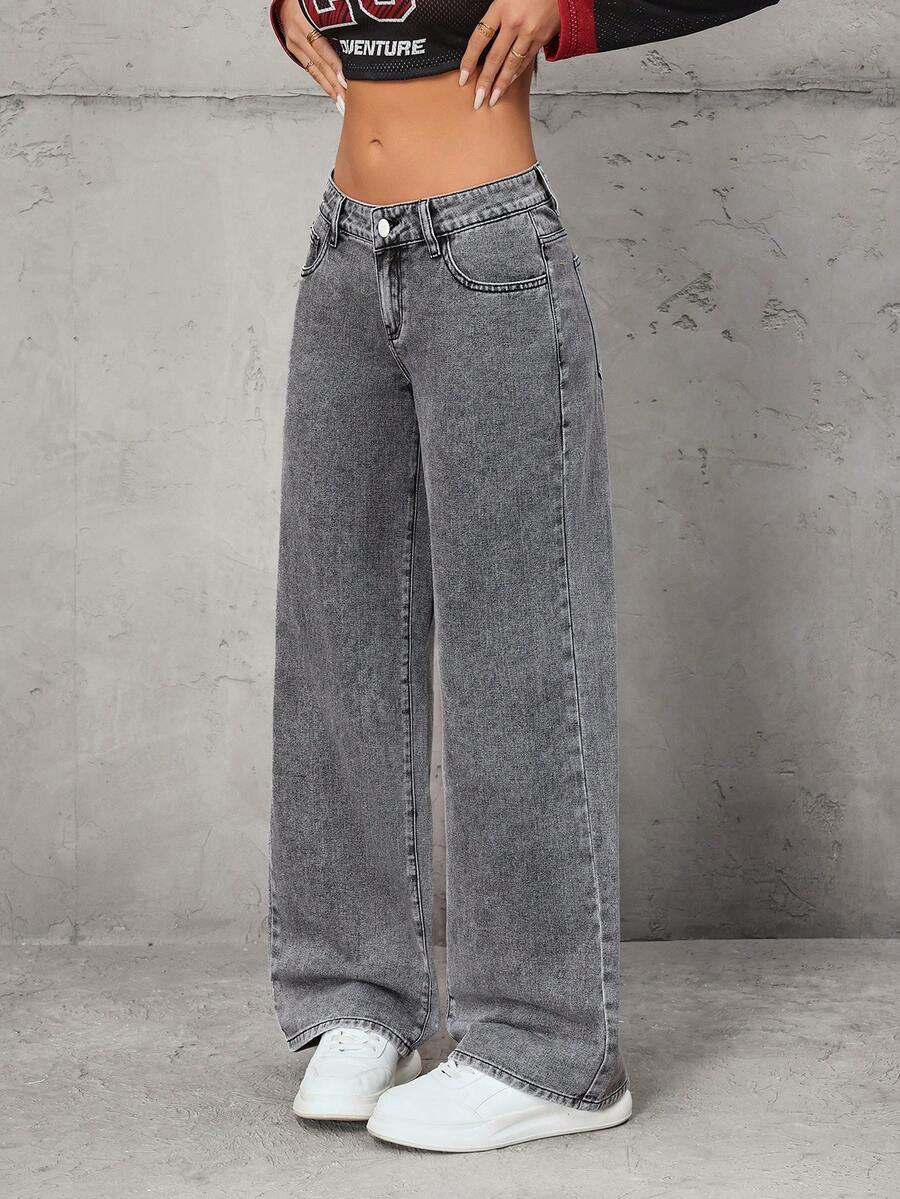 SHEIN Tall Fashionable Casual Washed Mid-Rise Wide Leg Jeans - Grey - View 1