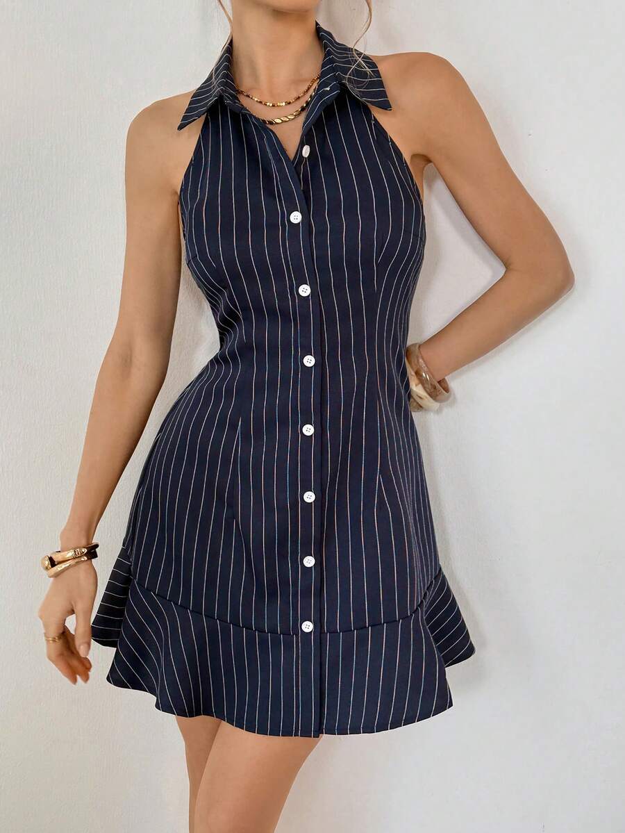 Siren Gaze Women's Striped Single-Breasted Casual Halter Mini Dress - Navy Blue - View 1