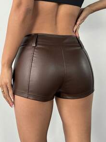 SHEIN PETITE Quần short nữ màu trơn, khóa kéo phía trước, kiểu dáng thường ngày, quần short siêu ngắn màu nâu, quần short da cho nữ, quần short da màu nâu gợi cảm cho nữ. - màu nâu - Xem 3