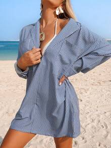 Swim Lushoire 女士性感深V领条纹休闲沙滩罩衫连衣裙，春夏款 - 寶藍色 - 查看 7