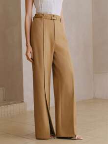 Anewsta Women's High Waist Khaki Wide Leg Pants With Belt Loops And Slit Hem, Loose Elegant Business Casual Trousers - Khaki - View 7