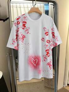 STEELVANCE 男士情人节红唇印花短袖圆领T恤，休闲百搭，适合度假、用餐、日常约会等场合，简约百搭的设计，自穿或送礼皆宜。 - 白色 - 查看 4