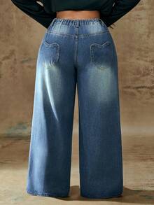 Truni Celana Panjang Denim Pudar Vintage Ukuran Plus dengan Potongan Lebar dan Saku Hati, Modis & Serbaguna untuk Pakaian Musim Panas dan Gugur untuk Wanita, Cocok untuk Bentuk Tubuh Pir dan Segitiga - Biru - View 2