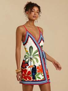 Travachic Đầm hai dây mini nữ phong cách tối giản, buộc dây, họa tiết cây dừa nhiệt đới và vẹt, kiểu bohemian, phối màu retro, thích hợp cho các buổi đi chơi, đi biển, du lịch, thanh lịch. - trắng - Xem 5