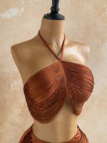Soleia 2pcs Vacation Sexy Fringe Halter Backless Crop Top And Low Waist Skirt Set, Suitable For Music Festival, Boho, Holiday, Date, Afternoon Tea - Brown - View 5