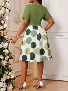 SHEIN Lady Plus Size Polka Dot Print Round Neck Belted Elegant Short Sleeve Dress - Multicolor - View 2