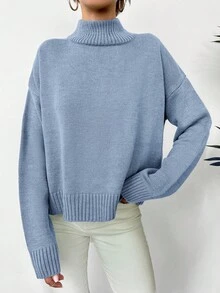 EURMUSE Women's Casual Solid Color Turtleneck Sweater, Fall/Winter - Baby Blue - View 4