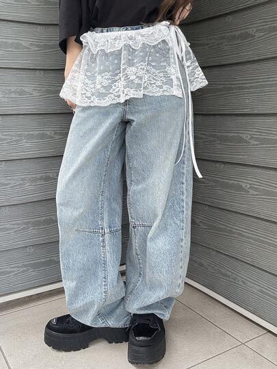 FRIFUL 女士纯色腰带透视蕾丝面料层叠休闲宽松迷你裙，百搭春季装扮