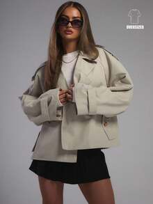 MUSERA Oversized Buckle Belted Short Trench Coat Summer Holiday Airport Streetwear , Winter, Back To School Office Work Everyday Spring - Apricot - View 1