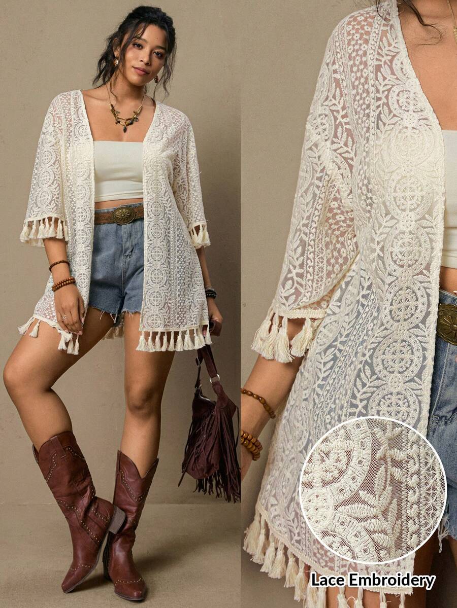 Freevana Plus Size Women Vacation Fringe Cuff Loose Kimono Cover Up,Plus-Size Kimonos, Plus-Size Three-Quarter Sleeve Shirts, Plus-Size Beachwear, V-Neck Three-Quarter Sleeve Jackets, Casual Vacation Tops, Sun-Protective Clothing, Tassel Embellishments On Cuffs And Hem, Geometric Lace Patterns, Openwork Tops.Plus-Size Women'S Apricot-Colored Openwork Crochet Kimono, Lace Jacket, Loose Mid-Length Sleeves, Romantic Early Spring Beach Warm Kimono Shirt, Women'S Beach Kimono 2026 Summer Beach,Large Size Beach Kimono Plus-Size Lace Crochet Tassel Hem Kimono Summer Lace Kimono Boho Kimono Lace Cover Up Summer Cardigan For Women Crochet Cover Up