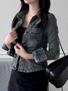 DAZY Women's Long Sleeve Single-Breasted Casual Pocket Denim Jacket - Blue - View 7