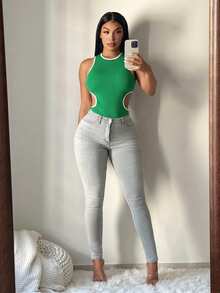 SHEIN SXY 女士夏季休闲性感黑白撞色连体衣，运动风上衣 - 綠色 - 查看 7