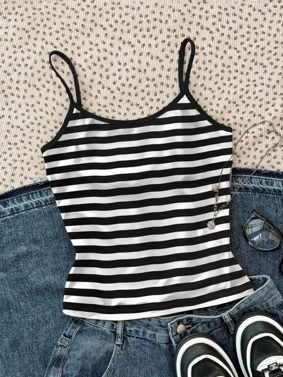 女童黑白条纹印花长款背心，百搭叠穿单品，适合夏季，衣橱必备单品 - 黑與白 - 查看 1