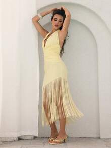 NOVVYNE Vestido sexy de cor sólida, justo ao corpo, assimétrico, com um ombro só. - Amarelo - Ver 6