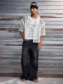 AXEPEAK Men's Hollow Out Short Sleeve Single-Breasted Fashionable Shirt - White - View 6