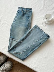 Elamini Mid-Waist Fashion Patchwork Studded Washed Elastic Skinny Flare Jeans - Medium Wash - View 3