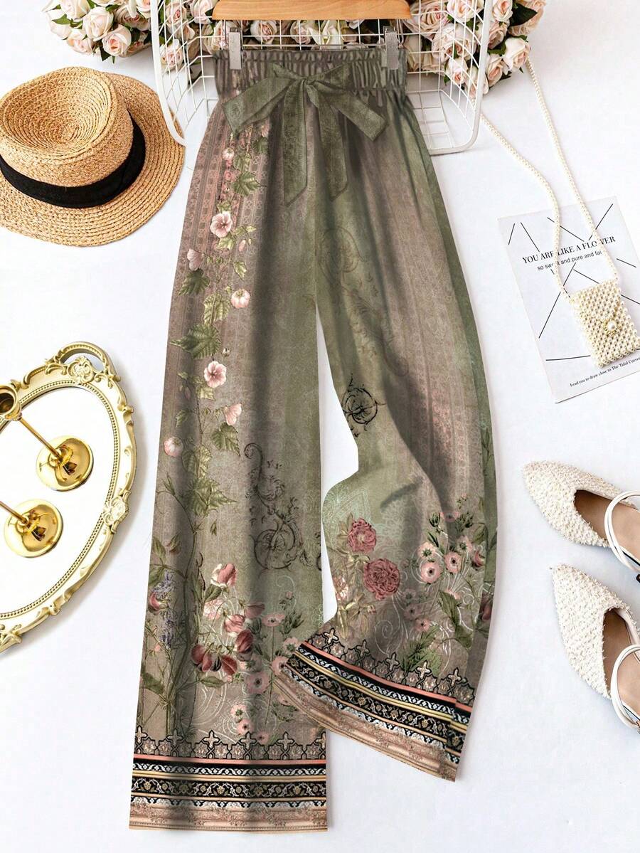 SHEIN LUNE 女士碎花系带腰裤，适合春夏穿着 - 彩色 - 查看 1